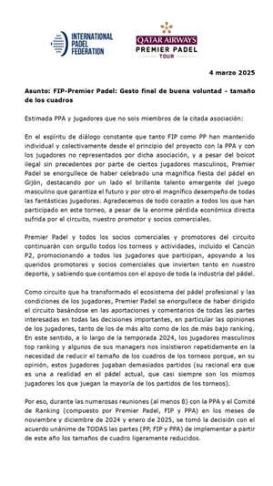 Premier Padel accede a una de las peticiones de los jugadores aumentando el tamaño de los cuadros de los torneos