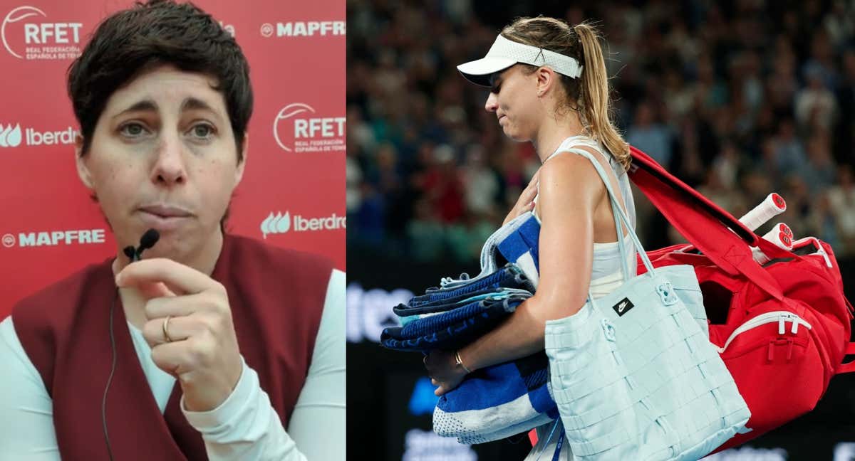 Carla Suárez, este jueves en el Club de Tenis Chamartín (Madrid). A su derecha, Badosa abandonando la pista de Melbourne./DANIEL ARRIBAS / AFP