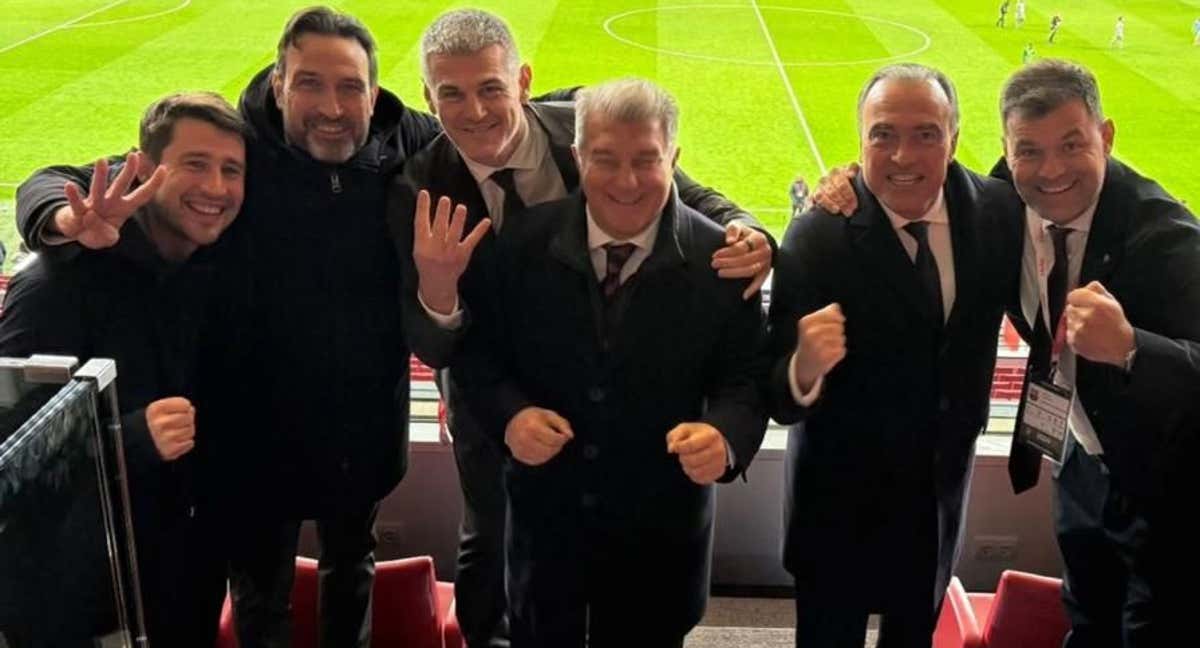 Joan Laporta celebra la victoria ante el Atlético de Madrid en el palco del Metropolitano. /enricmasip5