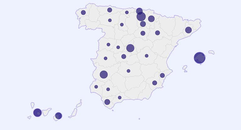 El mapa de los clubes con nombres ligados a la religión en España, por provincia.